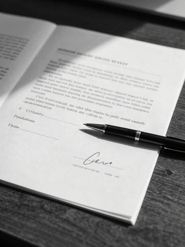 Close-up overhead view of a legal desk, signed contract pages spread across dark wood surface, a pen resting on a signature line, institutional fluorescent lighting casting sharp shadows, high contrast monochrome mood