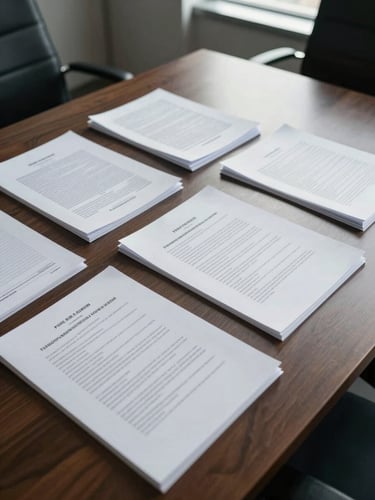 Overhead study of a corporate boardroom table with layered financial documents, legal briefs and printed spreadsheets spread across the surface under cold office window light, no people, high contrast