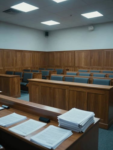 Wide shot of an empty courtroom interior with wood paneling and institutional lighting, rows of empty benches, documents stacked on the front table, cool blue-grey ambient light, no people