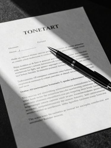 Close-up overhead shot of a signed legal contract on a dark desk, a pen resting diagonally across dense typed clauses, institutional daylight from the left casting sharp shadows on the paper surface, high contrast black and white
