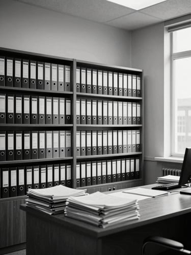 Wide shot of an organized legal office interior, rows of labeled document binders on shelves, a desk with stacked legal briefs under cold window daylight, high contrast black and white institutional mood, no people
