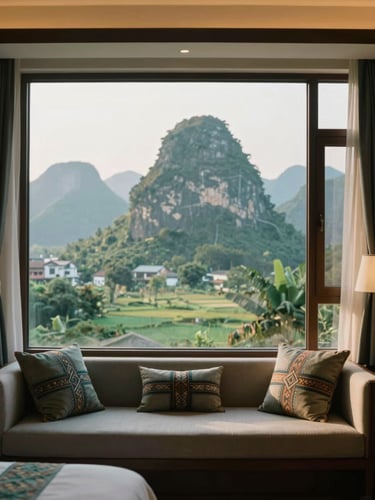 Modern hotel room interior in Cao Bang city with a large window overlooking the limestone mountains, elegant design with subtle ethnic brocade patterns on cushions, soft daylight
