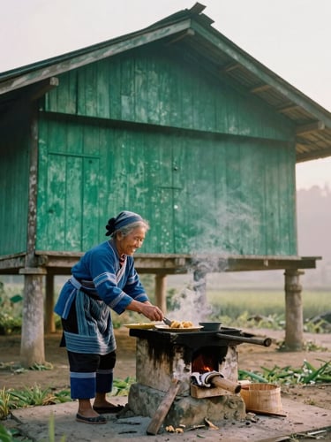 An elderly ethnic Tay woman in traditional indigo clothes smiling while preparing food near a traditional wood-fired stove in a stilt house, soft light