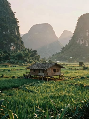 Misty golden hour view of a rustic wooden stilt house nestled in a lush green valley of Cao Bang, limestone karst mountains in the background, warm light filtering through trees, 35mm film aesthetic