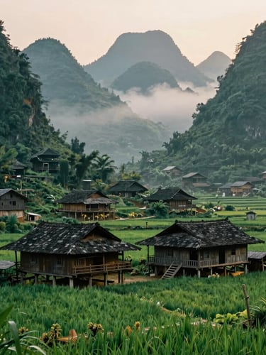 Misty morning in a traditional Tay ethnic village in Cao Bang, rustic wooden stilt houses surrounded by lush green karst mountains and rice fields, authentic cultural heritage, editorial travel photography, 35mm film aesthetic