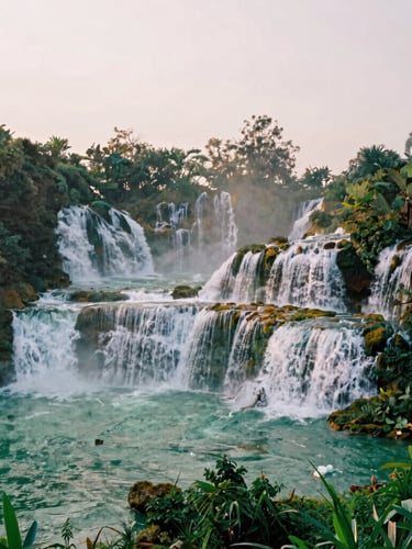 Wide-angle editorial landscape of Ban Gioc waterfall at golden hour, powerful jade water cascading down three tiers, lush green mossy rocks, misty morning atmosphere, 35mm film aesthetic.