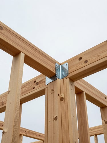 Low-angle architectural shot of heavy timber deck framing against an overcast sky, showing precise joist spacing and galvanized steel connectors, raw wood textures.
