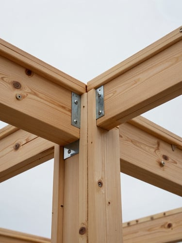 Low-angle architectural shot of heavy timber deck framing against an overcast sky. Focus on tight wood-to-wood joinery and galvanized steel fasteners, raw cedar texture visible.