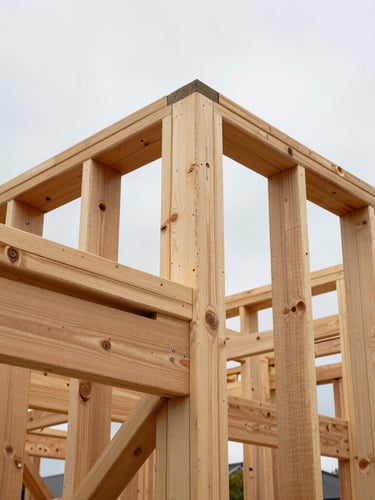 Low-angle architectural shot of heavy timber deck framing, clean wood-to-wood joinery, overcast natural daylight highlighting raw cedar grain, kissing the right edge of the frame.