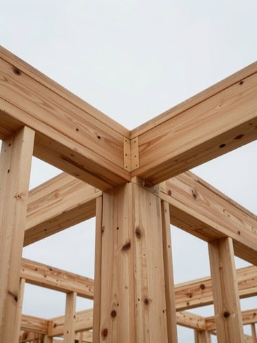 Low-angle architectural shot of heavy timber framing, clean wood-to-wood joinery, overcast natural daylight highlighting the raw cedar texture.