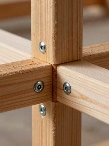 Macro close-up of tight wood-to-wood timber-frame joinery, showing clean bevel cuts and galvanized steel fasteners on a cedar post