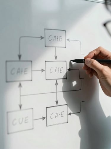 A high-contrast macro shot of hands sketching a unified system architecture diagram on a physical whiteboard, deep side shadows, cool corporate tones