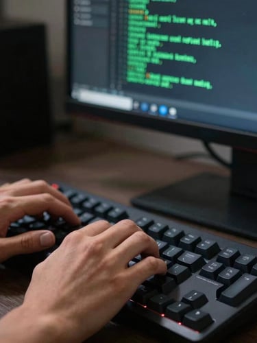 Macro close-up of a software engineer's hands typing on a mechanical keyboard, terminal-green code reflected on a dark glass monitor, natural side-lighting, deep shadows, 35mm lens