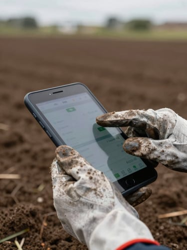 Close detail shot, weathered hands in work gloves tapping an Android screen showing field data, soil visible in the background, overcast natural daylight