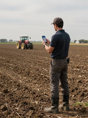 Wide medium shot, farm manager standing at the edge of a large tilled field holding an Android phone, screen visible with resource tracking data, overcast natural daylight, tractor visible in background distance, boots in dark soil