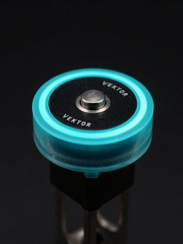 Moody macro close-up of a single Vektor Hall Effect magnetic switch, electric cyan rim lighting on the translucent stem, deep black background, high-detail engineering shot.