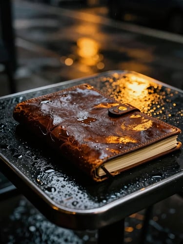 Cinematic high-contrast noir photography, a worn leather journal open on a rain-slicked metal table, glowing amber neon light reflecting off wet surfaces, 35mm film grain