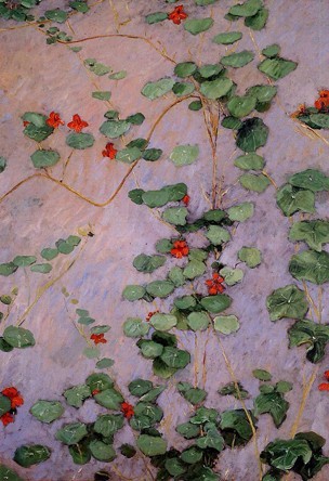 Schilderij met zachte kleuren en bloemen