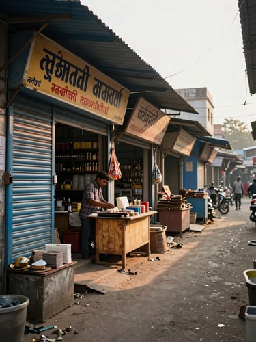 Wide environmental shot, natural daylight — a narrow market lane in Patna, a hardware shopfront on the left third with hand-painted signboard and metal shutters half-open, a shopkeeper arranging goods on a wooden counter, warm golden-hour light raking across the lane, authentic street-level depth, no posed subjects