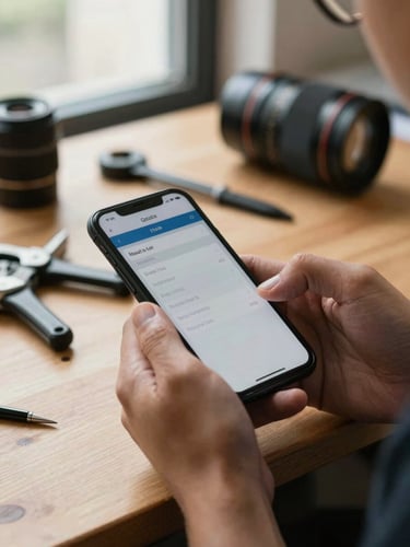 Close-up of a service provider's hands entering business details on a mobile phone screen, workshop tools visible on the table behind, warm natural window light