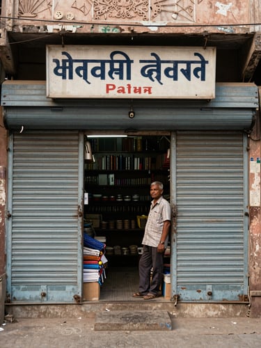 Wide environmental shot from street level — a modest hardware shop front in Patna, metal shutters half-open, owner standing at the entrance in natural overcast daylight, hand-painted sign above, stacked goods visible inside, authentic urban texture of a Bihar market street