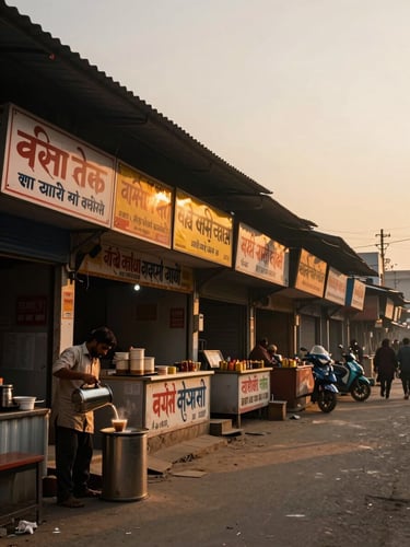 Wide environmental shot of a narrow market lane in Patna at golden hour — a row of small shopfronts with hand-painted signage, a tea vendor pouring chai in the foreground left, warm amber light raking across the storefronts, overcast-gold sky visible at the top edge, shot from street level looking down the lane