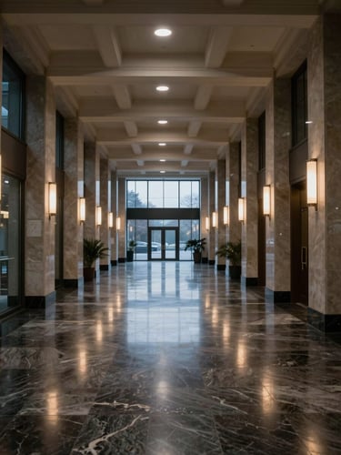 Wide panoramic view down an empty corporate banking hall corridor, polished dark marble floors reflecting ceiling lights, geometric coffered ceiling, no people, cool institutional north-facing light, architectural perspective emphasizing depth and symmetry, dusk exterior light visible through floor-to-ceiling glass at the far end