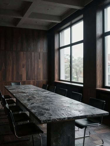 Wide architectural interior of an empty private conference room, dark wood panelling and a long stone table receding in perspective to the left, cool north-facing light entering from floor-to-ceiling windows on the right, overhead geometric ceiling, no people, muted charcoal tones