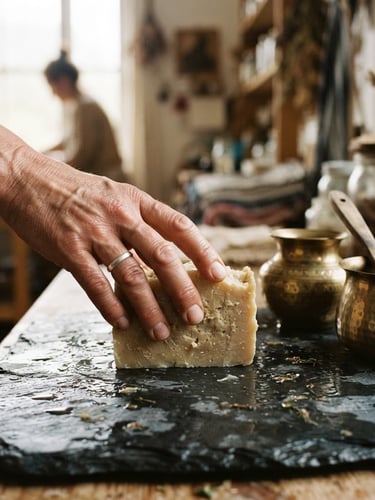 Hasselblad medium format, close-up of an artisan's hand touching a freshly cured soap bar resting on a wet slate slab beside brass Ayurvedic vessels, warm natural window light, 35mm film grain, visible skin textures, soft depth of field, portrait orientation, bleeding to the left edge.