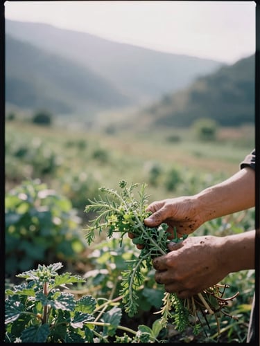 Weathered hands harvesting fresh organic herbs in a misty, sunlit valley, Hasselblad medium format, warm natural window light, 35mm film grain, portrait orientation.