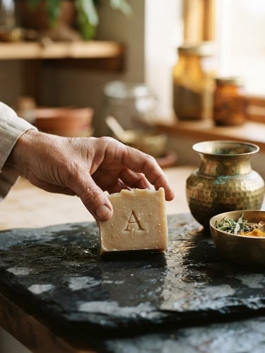 Hasselblad medium format, close-up of an artisan's hand gently holding a freshly cured, uncolored soap bar on a wet slate slab, beside antique brass Ayurvedic vessels, warm window light, soft depth of field.