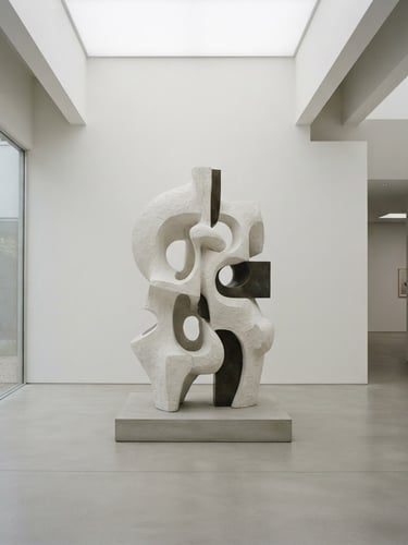 Minimalist gallery interior, pristine white walls, single large abstract sculpture in the center, soft diffused natural light, architectural framing, desaturated neutral tones.