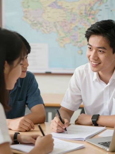 Vietnamese consultant and a student having a warm discussion over a study plan laid out on a table, a subtle planning map in the background, natural daylight, warm and hopeful mood, shallow depth of field, 35mm.