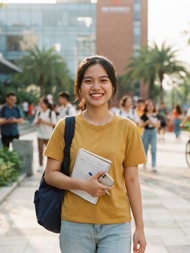 Vietnamese student smiling confidently on a vibrant international university campus, holding a notebook, bright natural daylight, shallow depth of field, warm editorial photography, 35mm