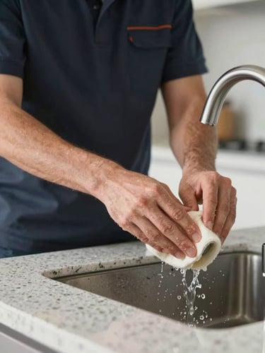 Close-up of a professional cleaner in a neat uniform polishing a modern kitchen faucet, bright natural daylight, water droplets reflecting light on immaculate quartz countertop.