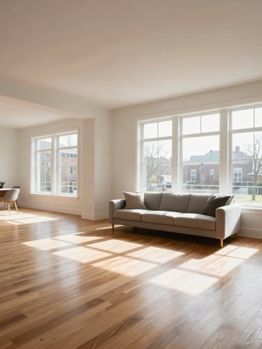 Wide architectural interior of an immaculate, sunlit contemporary Ottawa living room with polished hardwood floors, clean minimalist lines, natural light pouring through large windows.