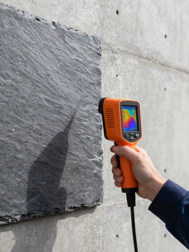 Sharp industrial photography, bright natural daylight, high contrast slate, a technician holding a professional thermal camera pointing at a concrete wall showing heat map on screen, architectural focus