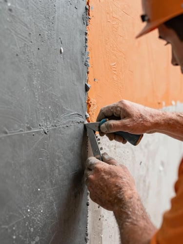 Sharp industrial photography, close-up of a professional mason finishing a clean plasterboard joint, bright natural light, safety gear visible, high contrast slate and orange tones