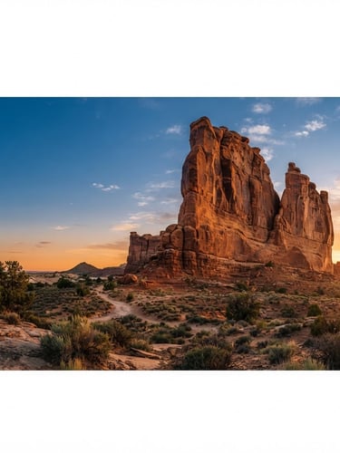 Wide panoramic Utah high-desert landscape at golden hour, a majestic sandstone formation filling the right two-thirds, expansive sky, low horizon, sharp architectural focus.