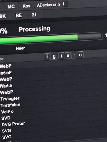 Macro high-fidelity screenshot of a dark-themed batch processing utility interface, showing a progress bar at 100% and a list of converted WebP and SVG files.