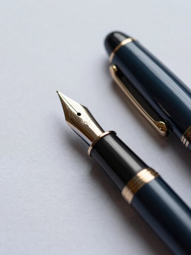 Extreme close-up of a premium fountain pen resting on heavy textured paper, soft overcast daylight, deep charcoal tones, subtle gold highlights, 35mm.