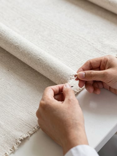 A quality control inspector examining a bolt of raw linen textile under bright neutral light, checking thread consistency.