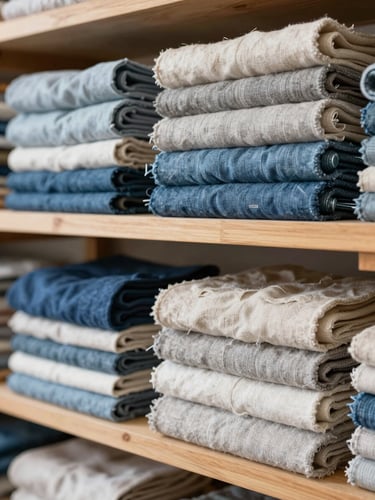 Organized bolts of raw linen and indigo cotton fabrics stacked neatly on wooden shelves in a bright, clean warehouse