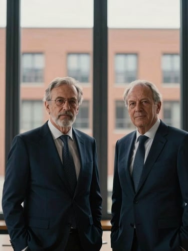 Professional low-contrast portrait of senior business partners in deep focus, modern corporate architecture of Madrid visible through windows, soft natural morning light, muted navy tones, 35mm