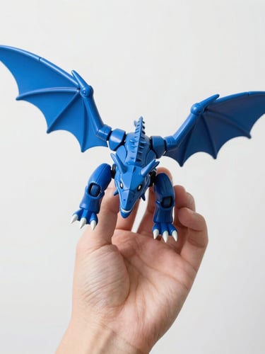 Bright high-key product photography of a hand holding a highly detailed, iridescent blue articulated dragon, showing clean layer lines and smooth joints, crisp studio light, macro lens, sharp focus, 35mm