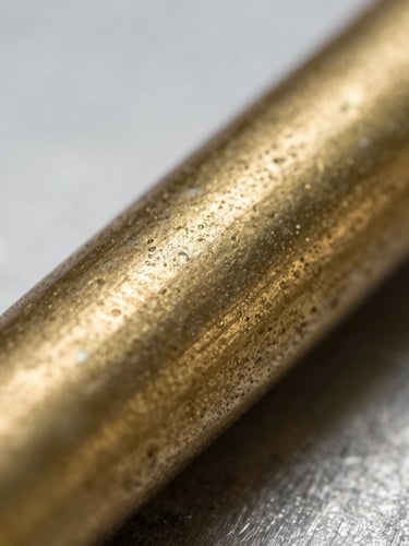 Macro close-up of a brass band heater, high-contrast metallic textures, cool steel background with warm amber highlights, shallow depth of field.