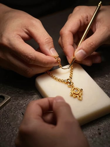 Hands of a master jeweler detailing a delicate wax mold for a gold bridal necklace, soft dramatic side-lighting, macro lens, warm gold and deep charcoal tones.