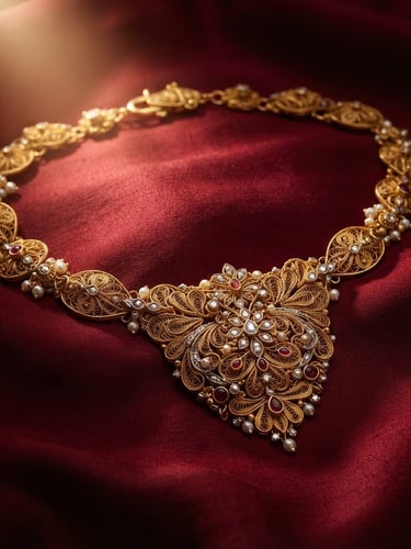 Macro close-up of intricate 22k gold filigree bridal necklace laid out on rich crimson silk, warm dramatic spotlight catching the metallic gleam, luxurious editorial jewelry photography