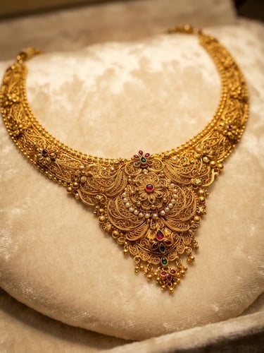 Macro close-up of a masterfully crafted 22k gold bridal necklace with intricate filigree work, resting on rich cream velvet under soft showroom spotlights.