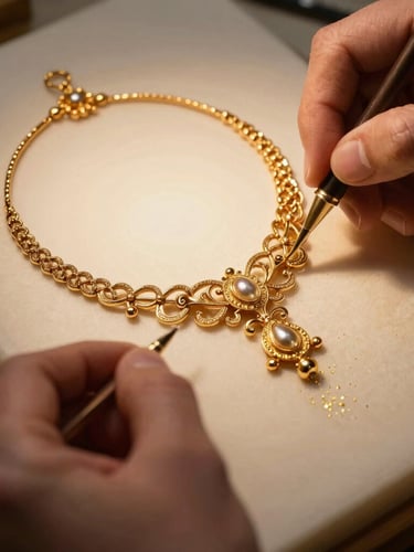 Hands of a master jeweler detailing a wax mold for an intricate gold bridal necklace, warm side-lighting catching gold dust